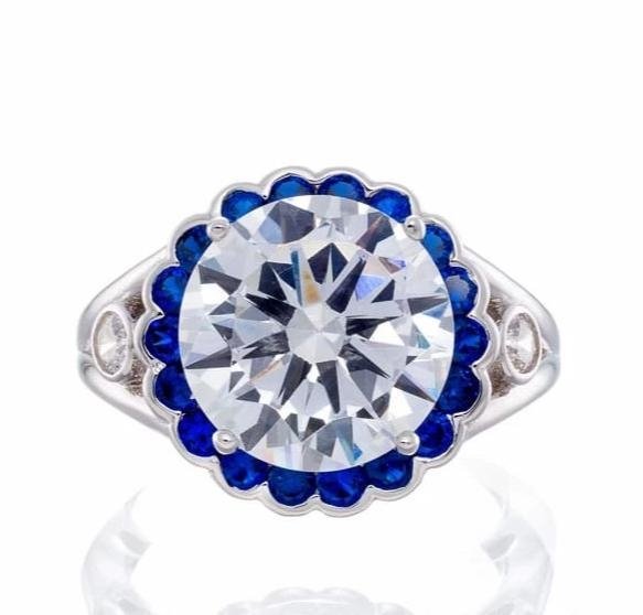 Carat Round Cut and Sapphire Blue Cubic Zirconia Halo Engagement