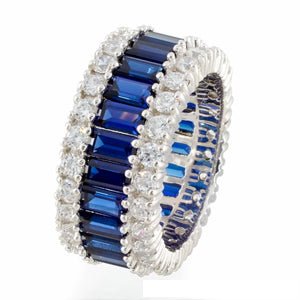 Designer Baguette Round Imitation Sapphire Cubic Zirconia Triple Eternity Band In Sterling Silver - Boutique Pavè