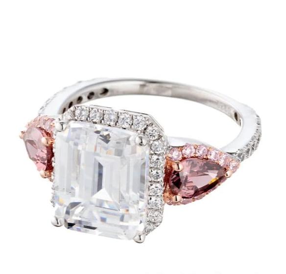 Emerald Cut Fancy Imitation Pink Diamond Cubic Zirconia Accent Engagement Ring In Sterling Silver - Boutique Pavè