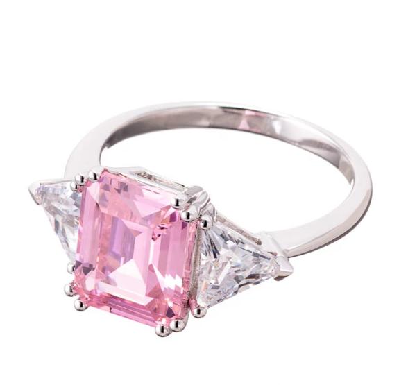 Emerald Cut Faux Pink Diamond Cubic Zirconia Engagement Ring In Sterling Silver - Boutique Pavè