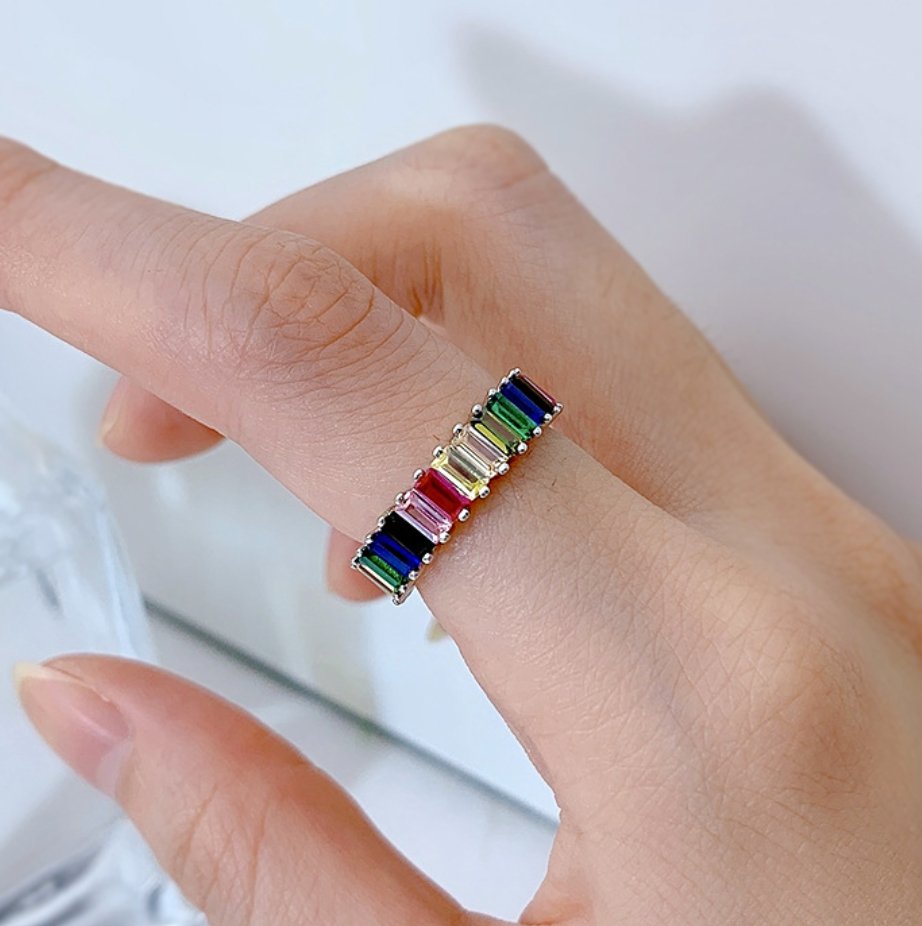 Emerald Cut Multi-Color Gemstone Eternity Band - Boutique Pavè