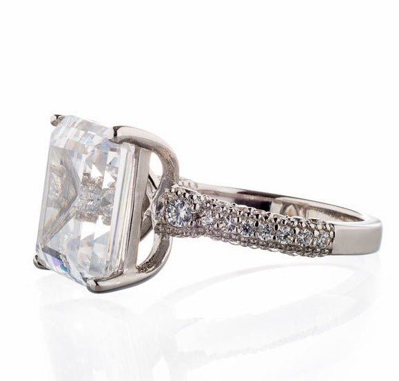 Four Carat Emerald Cut Cubic Zirconia Engagement Ring In Sterling Silver - Boutique Pavè