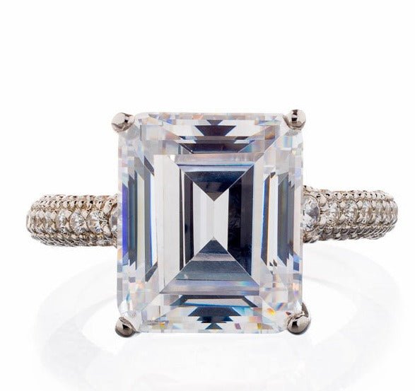 Four Carat Emerald Cut Cubic Zirconia Engagement Ring In Sterling Silver - Boutique Pavè