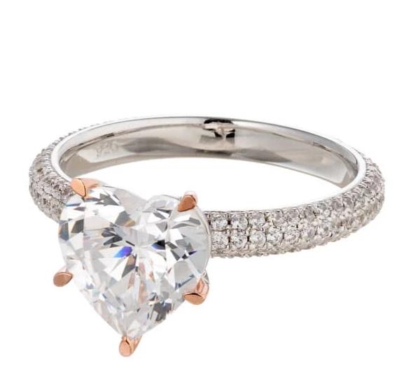 Heart Cut Cubic Zirconia and Round Cut Pave Engagement Ring In Sterling Silver - Boutique Pavè