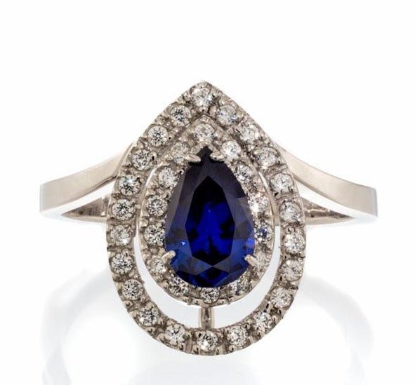 Imitation Sapphire and Cubic Zirconia Pear Cut Double Halo Engagement Ring In Sterling Silver - Boutique Pavè