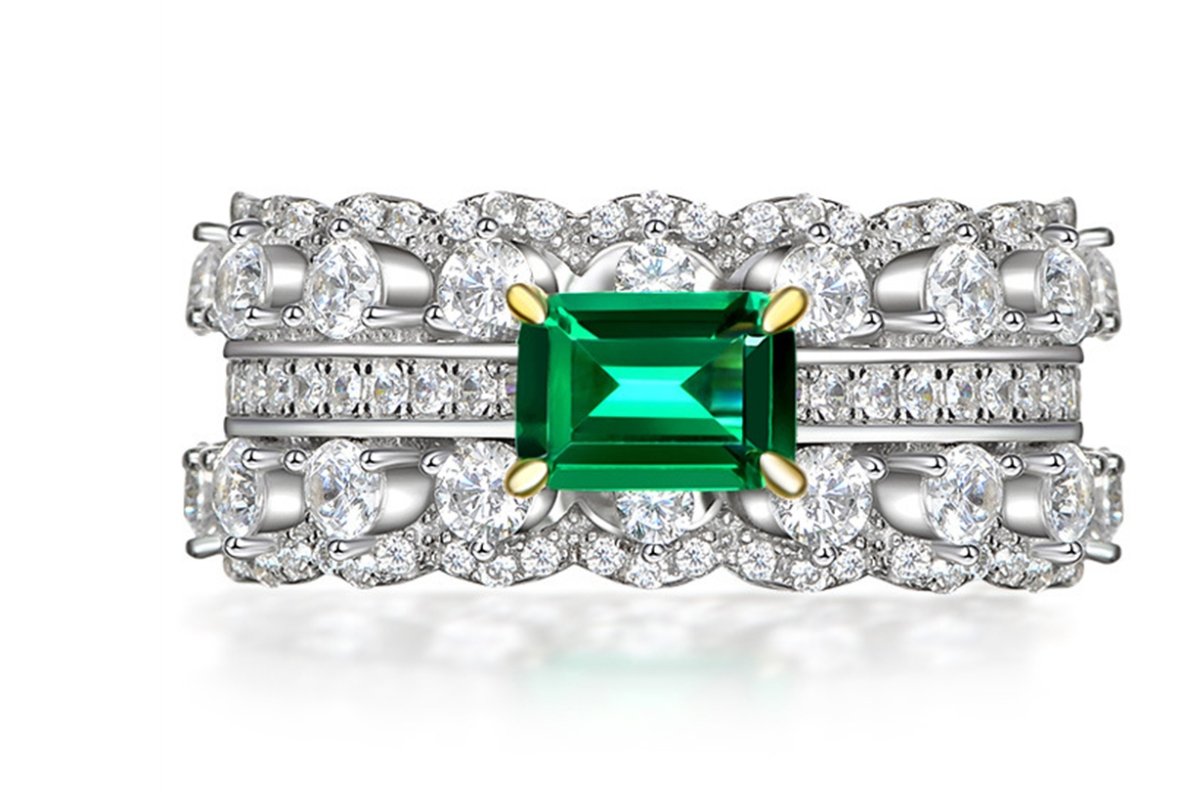 Luxurious Emerald and Round Cut Cubic Zirconia Eternity Band - Boutique Pavè