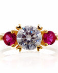 Round and Ruby Three Stone Cubic Zirconia Engagement Ring - Yellow Gold Plated Sterling Silver - Boutique Pavè