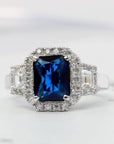 2.5 Carat Radiant Blue Sapphire Halo Cubic Zirconia Engagement Ring In Sterling Silver - Boutique CZ