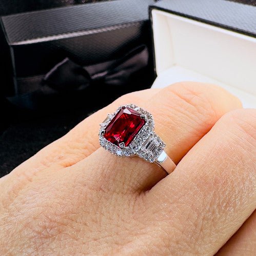 2.5 Carat Radiant Cut Ruby Cubic Zirconia Halo Engagement Ring In Sterling Silver - Boutique CZ