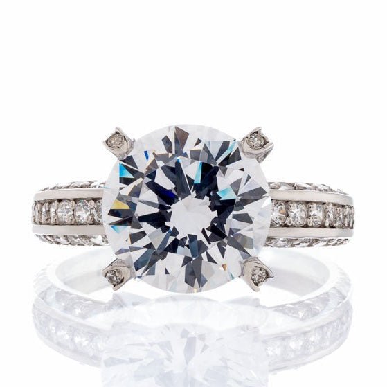 4 Carat Round Cut Cubic Zirconia Solitaire Pave Band Engagement Ring in White Gold Plated Sterling Silver - Boutique CZ