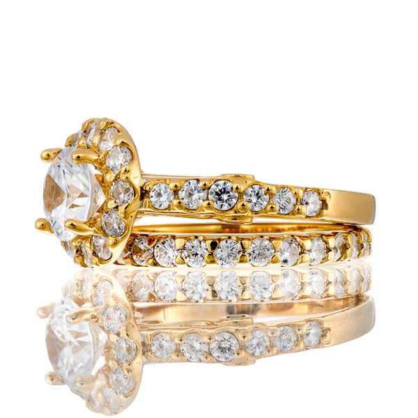 Round Cut Cubic Zirconia Halo Bridal Set In Yellow Gold Plated Sterling Silver