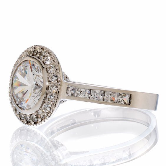 Brilliant Round Cut Cubic Zirconia Halo Engagement Ring White Gold Plated Sterling Silver - Boutique CZ