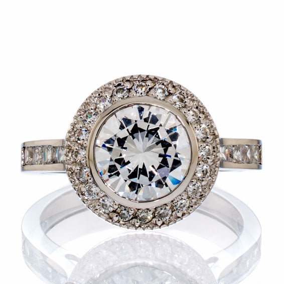 Brilliant Round Cut Cubic Zirconia Halo Engagement Ring White Gold Plated Sterling Silver - Boutique CZ