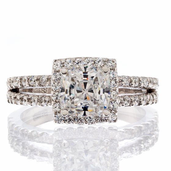 Cushion Cut Halo Cubic Zirconia Split Shank Engagement Ring In Sterling Silver - Boutique CZ