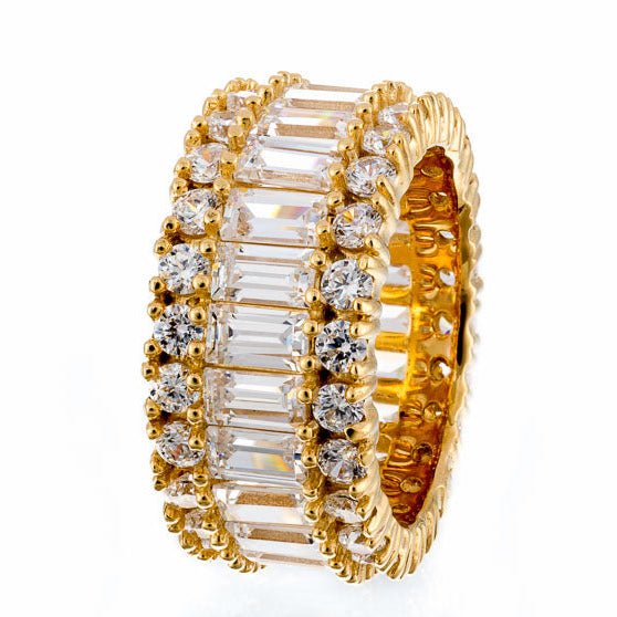 Designer Baguette Round Cubic Zirconia Triple Eternity Band Yellow Gold Plated Sterling Silver - Boutique CZ