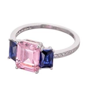 Emerald Cut Pink and Blue Sapphire Cubic Zirconia Three Stone Engagement Ring - Boutique CZ