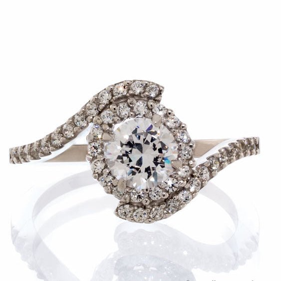 One Carat Cubic Zirconia Scrolling Halo Engagement Ring In Sterling Silver - Boutique CZ