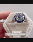 5 Carat Round Cut and Sapphire Blue Cubic Zirconia Halo Engagement Ring in White Gold Plated Sterling Silver