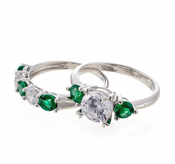Round and Emerald Green Cubic Zirconia 5 Stone Anniversary Band - White Gold Plated Sterling Silver - Boutique CZ