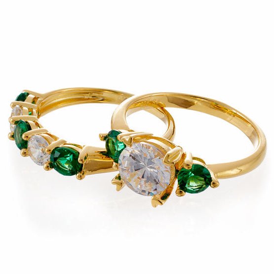 Round and Emerald Green Cubic Zirconia 5 Stone Anniversary Band - Yellow Gold Plated Sterling Silver - Boutique CZ