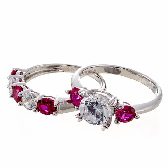 Round and Ruby Red Cubic Zirconia 5 Stone Anniversary Band - White Gold Plated Sterling Silver - Boutique CZ