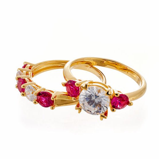 Round and Ruby Red Cubic Zirconia 5 Stone Anniversary Band - Yellow Gold Plated Sterling Silver - Boutique CZ