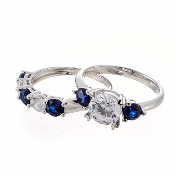 Round and Sapphire Blue Accent Cubic Zirconia Engagement Ring - White Gold Plated Sterling Silver - Boutique CZ