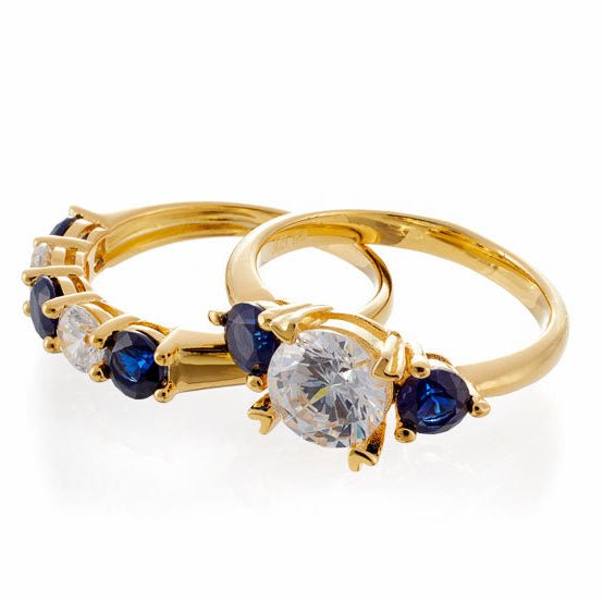 Round and Sapphire Blue Cubic Zirconia 5 Stone Anniversary Band - Yellow Gold Plated Sterling Silver - Boutique CZ