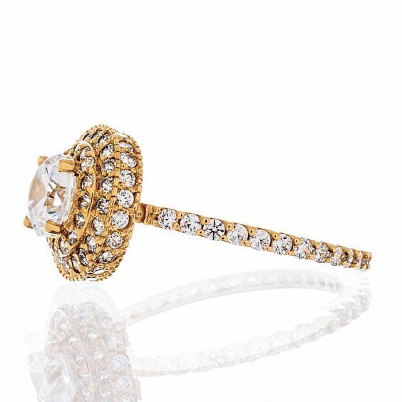 Round Cut Cubic Zirconia Double Halo Engagement Ring in Yellow Gold Plated Sterling Silver - Boutique CZ
