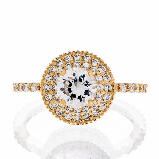 Round Cut Cubic Zirconia Double Halo Engagement Ring in Yellow Gold Plated Sterling Silver - Boutique CZ