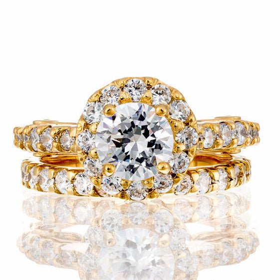 Round Cut Cubic Zirconia Halo Bridal Set In Yellow Gold Plated Sterling Silver - Boutique CZ