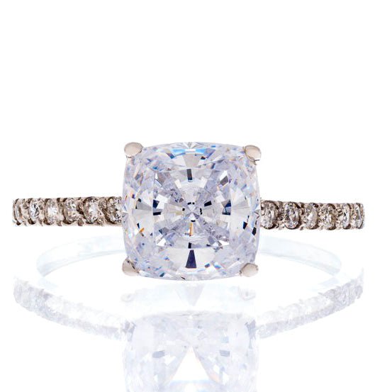 Solitaire Cushion Cut Pave Cubic Zirconia Engagement Ring In Sterling Silver - Boutique CZ