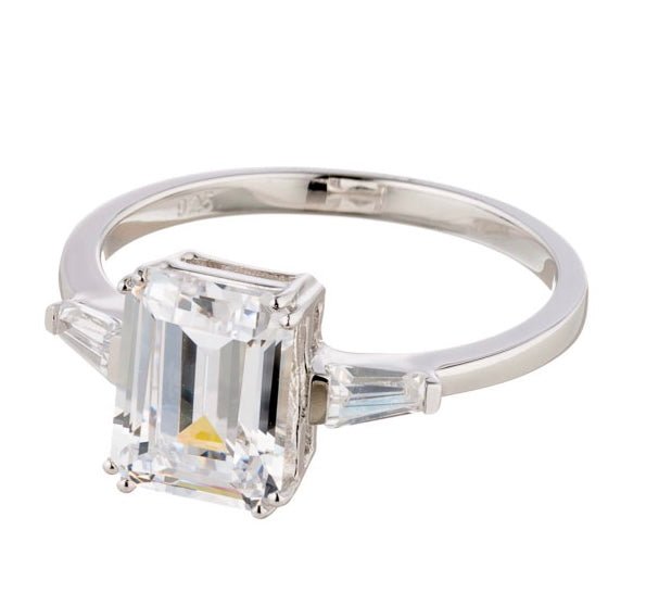 Two Carat Emerald Cut Cubic Zirconia Engagement Ring - White Gold Plated Sterling Silver - Boutique CZ