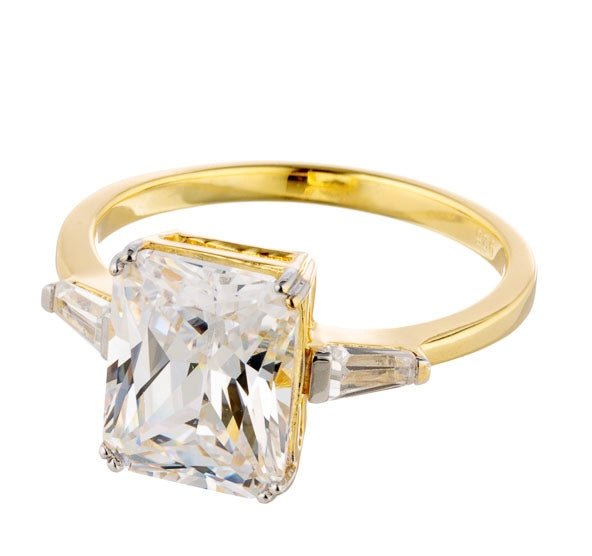 Two Carat Emerald Cut Cubic Zirconia Engagement Ring - Yellow Gold Plated Sterling Silver - Boutique CZ