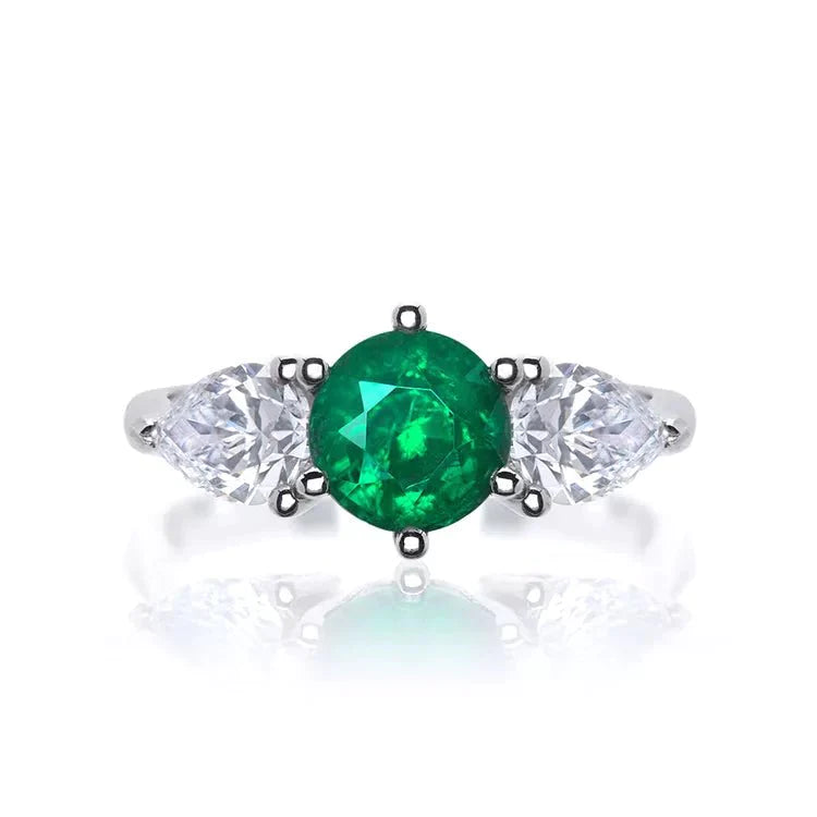 1 Carat Lab Created Emerald and Moissanite Three Stone Engagement Ring in 14 Karat Gold - Boutique Pavè