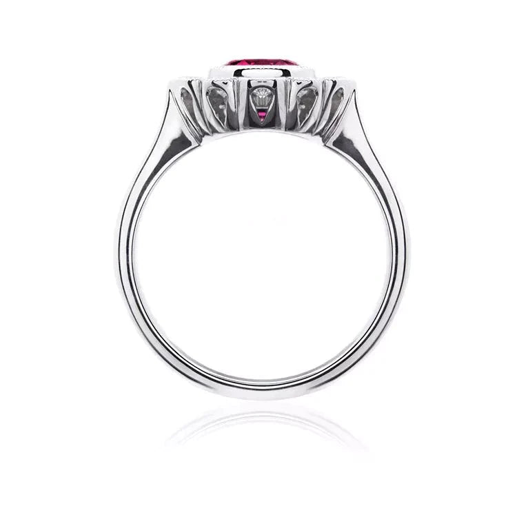 1 Carat Lab Created Ruby and Moissanite Halo Engagement Ring in 14 Karat Gold - Boutique Pavè