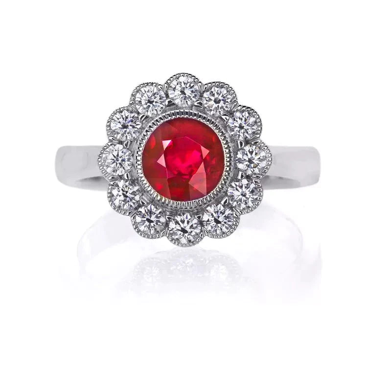 1 Carat Lab Created Ruby and Moissanite Halo Engagement Ring in 14 Karat Gold - Boutique Pavè