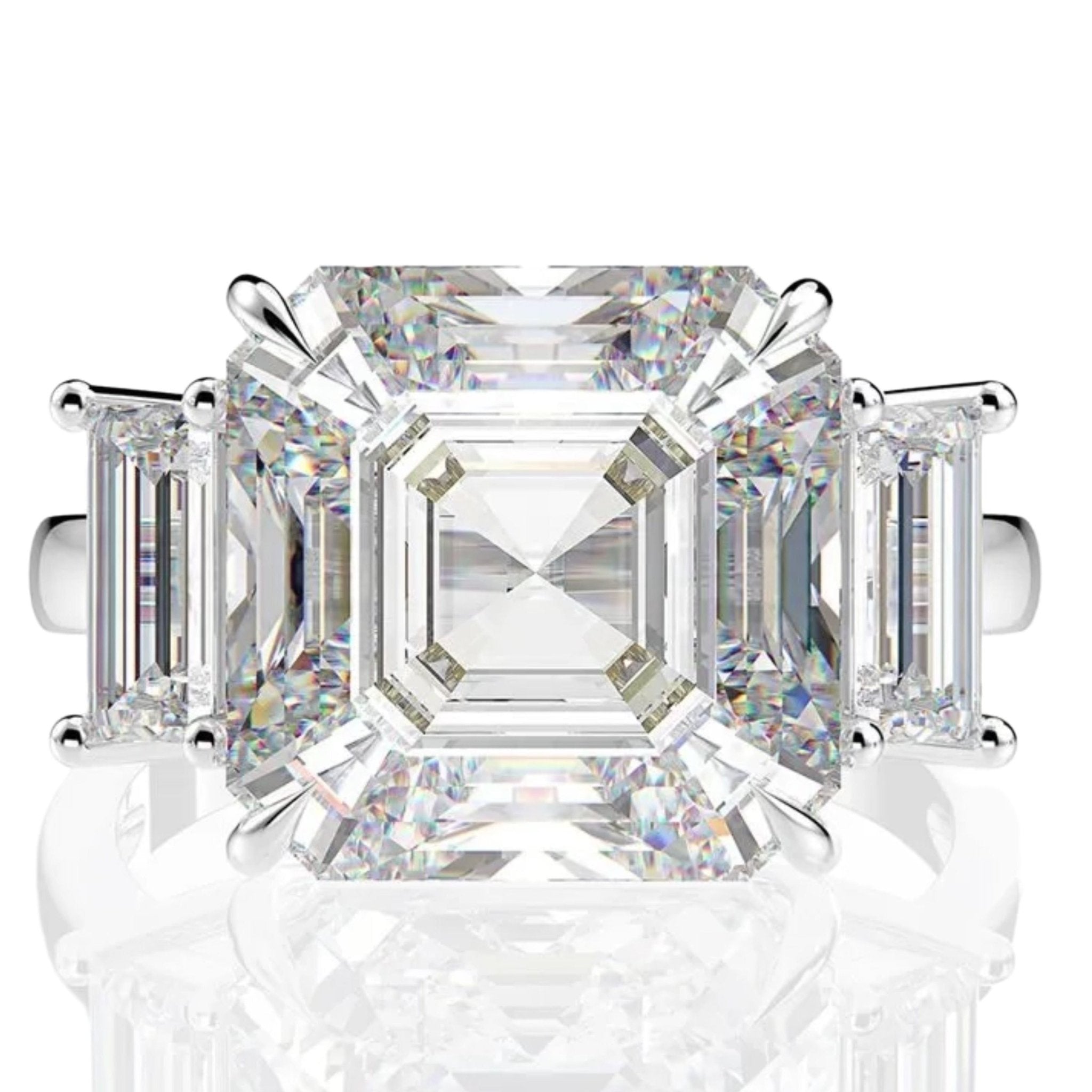 10 Carat Asscher Cut 5A Rated Cubic Zirconia Accent Solitaire Engagement Ring in Platinum Plated Sterling Silver - Boutique Pavè