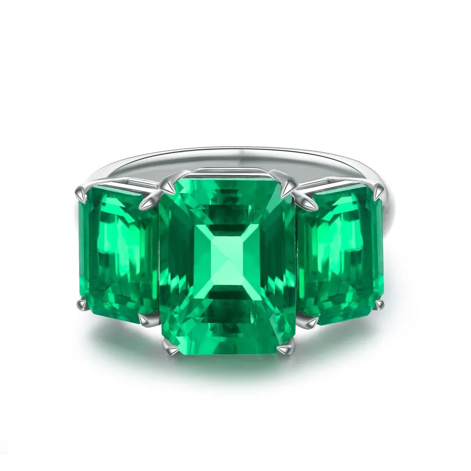 10 Carat Emerald Cut Lab Created Emerald Three Stone Engagement Ring in Gold Plated Sterling Silver - Boutique Pavè
