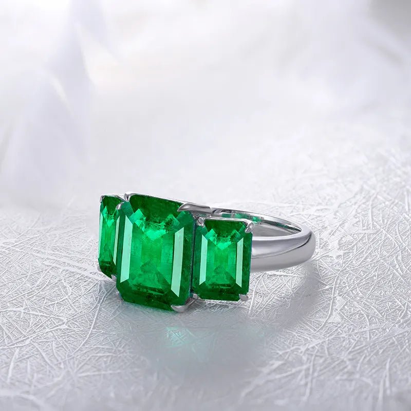10 Carat Emerald Cut Lab Created Emerald Three Stone Engagement Ring in Gold Plated Sterling Silver - Boutique Pavè