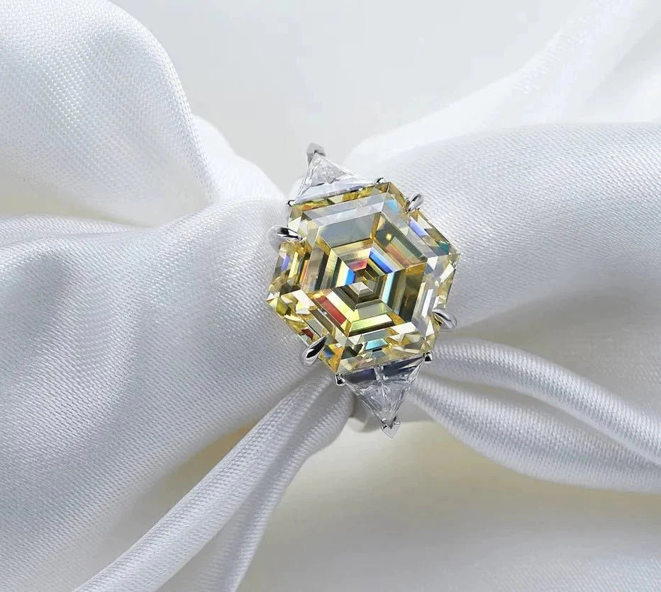10 Carat Hexagon Cut Canary Yellow Moissanite Accent Solitaire Engagement Ring in 18 Karat White Gold - Boutique Pave