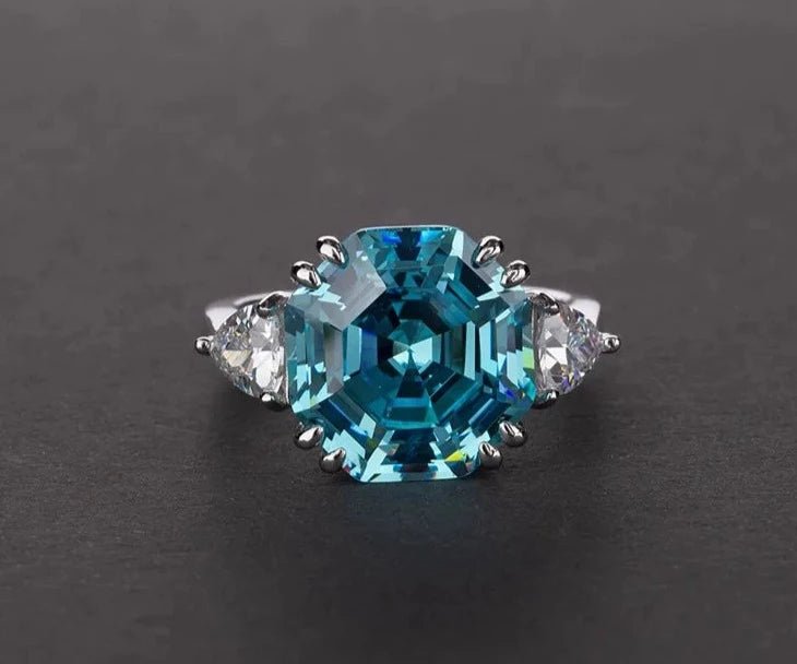 11 Carat Octagonal High Quality Blue Cubic Zirconia Statement Ring in Platinum Plated Sterling Silver - Boutique Pavè