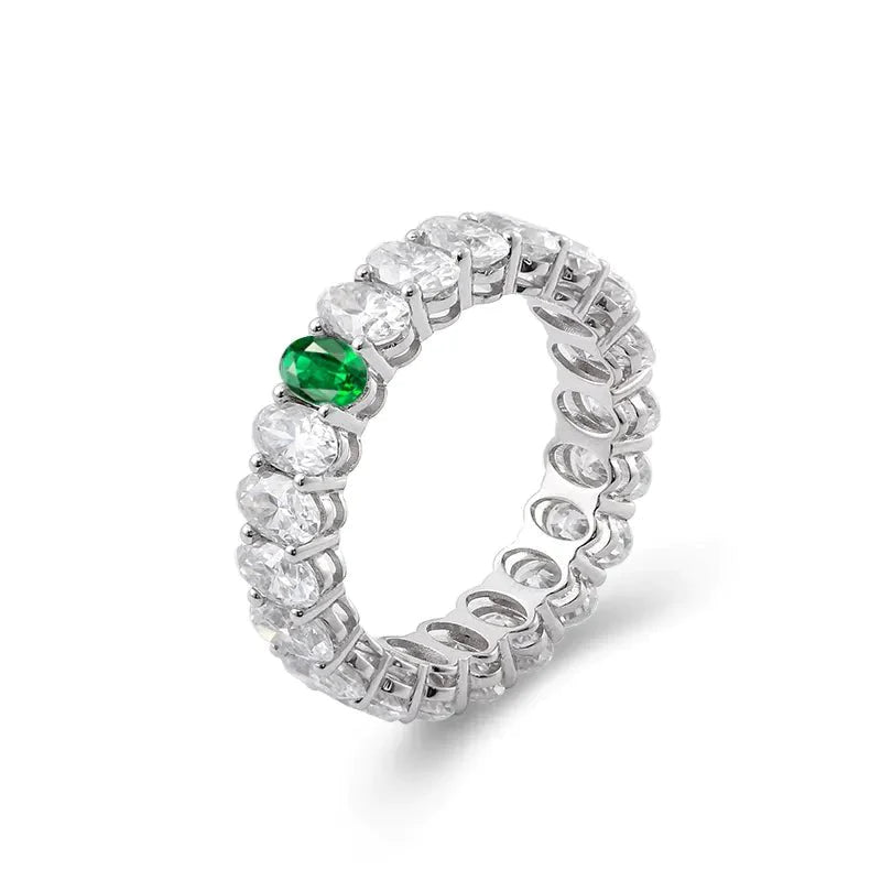 11 Carat Oval Cut Lab Created Diamond &amp; Lab Emerald Eternity Ring in 18 Karat White Gold - Boutique Pavè