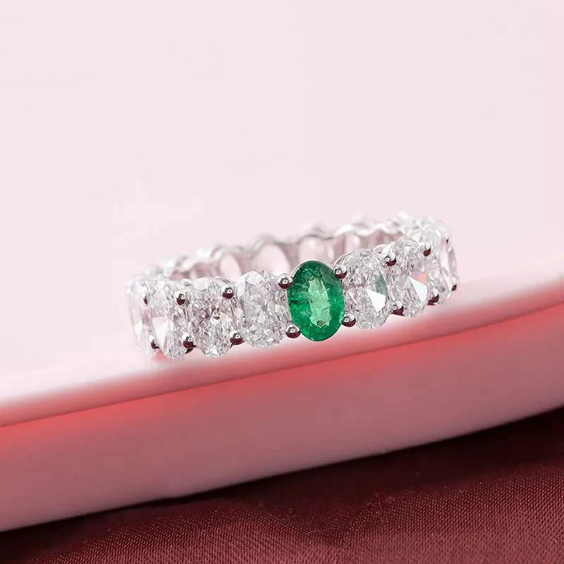 11 Carat Oval Cut Lab Created Diamond & Lab Emerald Eternity Ring in 18 Karat White Gold - Boutique Pavè