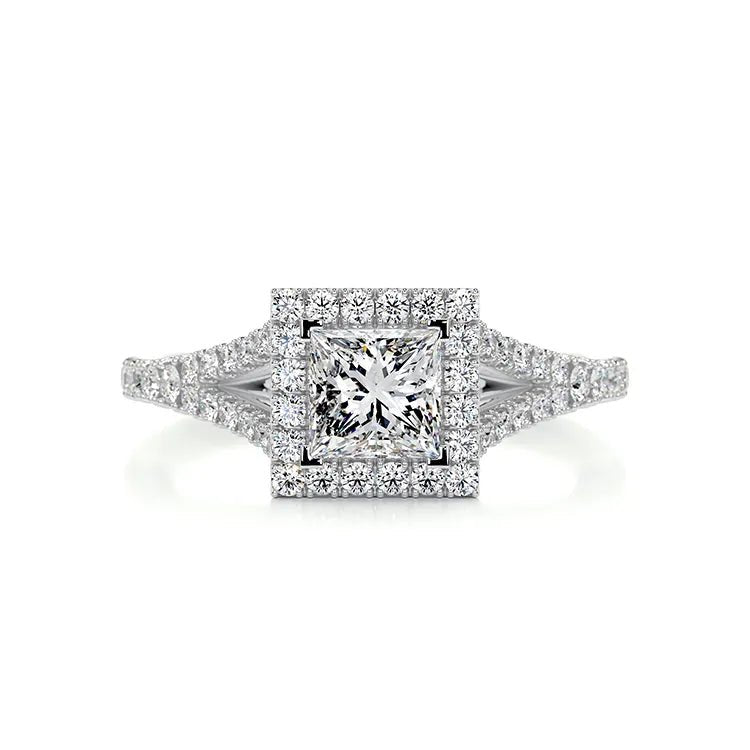 1.25 Carat Brilliant Princess Cut Moissanite Pave Square Halo Split Shank Engagement Ring in Platinum - Boutique Pavè
