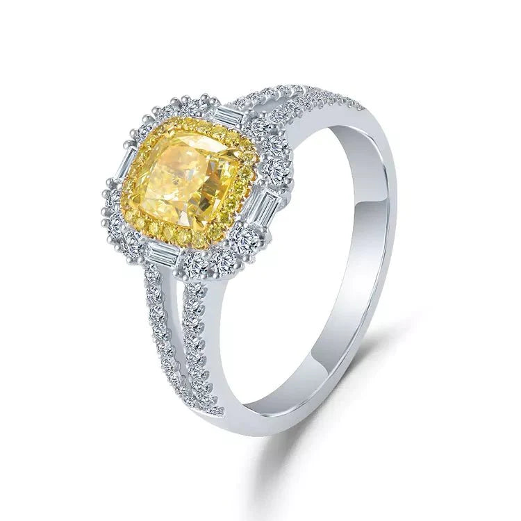 1.33 Carat Cushion Cut Canary Lab Created Diamond Double Halo Engagement Ring 14 Karat White Gold - Boutique Pavè
