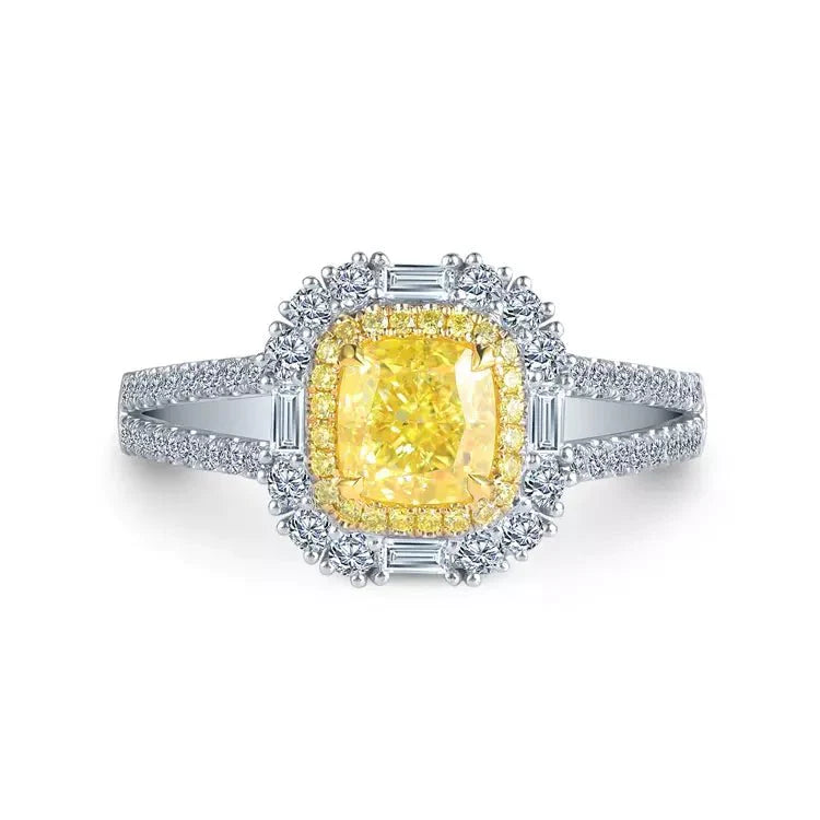 1.33 Carat Cushion Cut Canary Lab Created Diamond Double Halo Engagement Ring 14 Karat White Gold - Boutique Pavè
