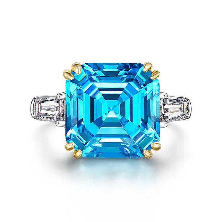 14 Carat Asscher Cut Highest Quality Blue Cubic Zirconia Engagement Ring - Platinum Plated Sterling Silver - Boutique Pavè