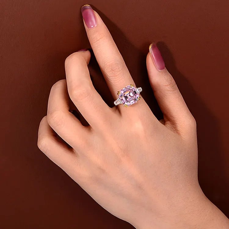 14 Carat Asscher Cut Highest Quality Pink Cubic Zirconia Engagement Ring - Platinum Plated Sterling Silver - Boutique Pavè