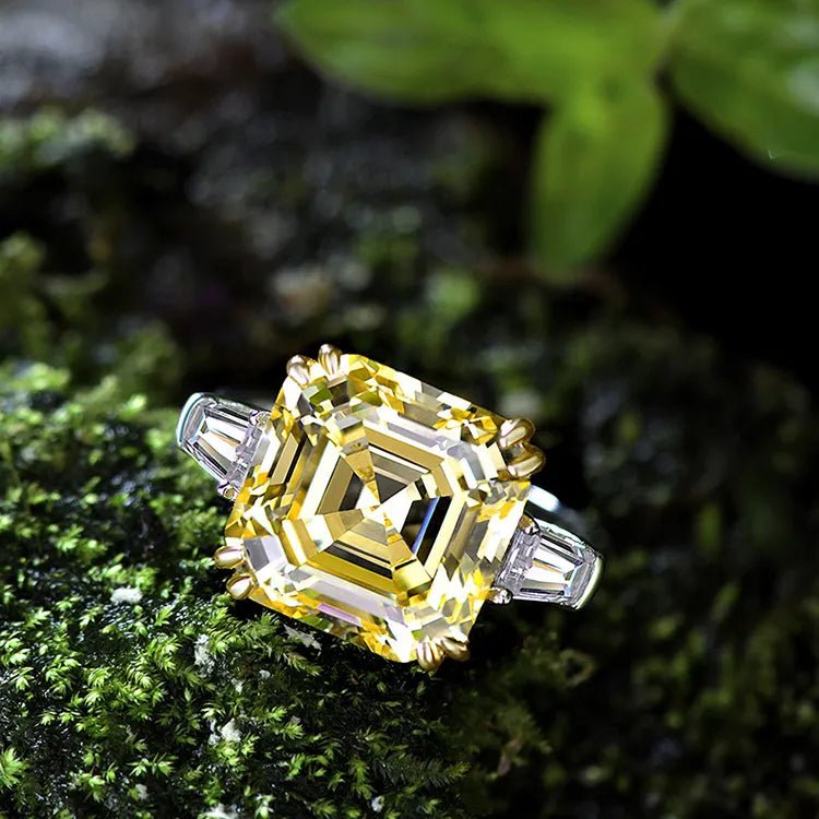 14 Carat Asscher Cut Highest Quality Yellow Cubic Zirconia Engagement Ring - Platinum Plated Sterling Silver - Boutique Pavè